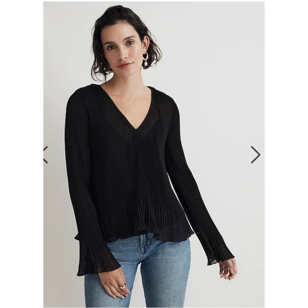 Madewell $82 Pleated Flare Sleeve Top Black Size M NN935 - Picture 3 of 8